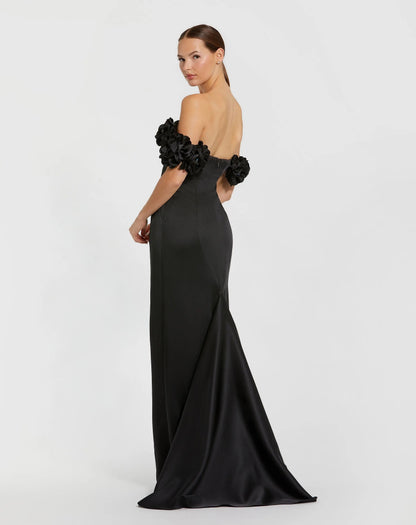 Black Satin 3D Flower Off The Shoulder Mermaid Gown