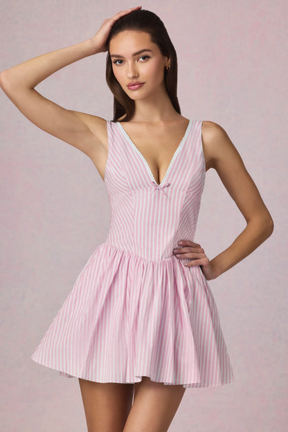 Bow-Detail A-Line Mini Dress in Soft Mauve Stripe