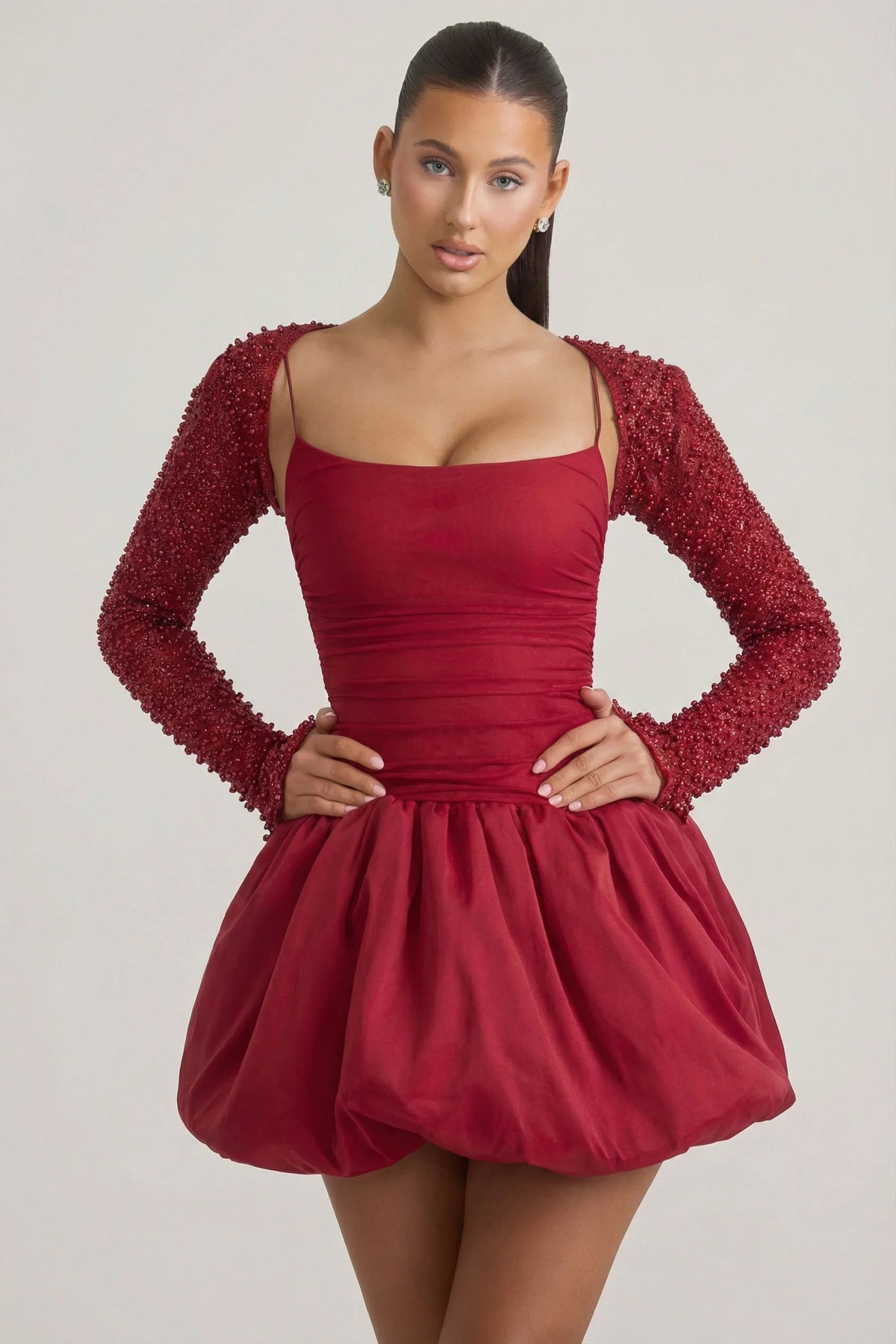 Embellished Bubble Hem Mini Dress in Red