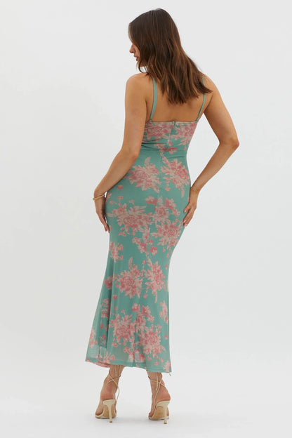 Fortune Lace Trim Mesh Midi Dress Green