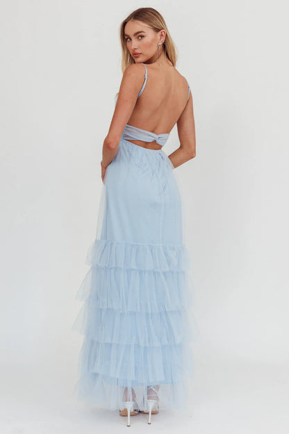 Nerida Twist Back Frill Trim Mesh Maxi Dress Steel Blue
