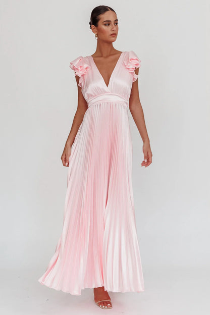 Enchantment Ruffle Sleeve Pleat Maxi Dress Pink