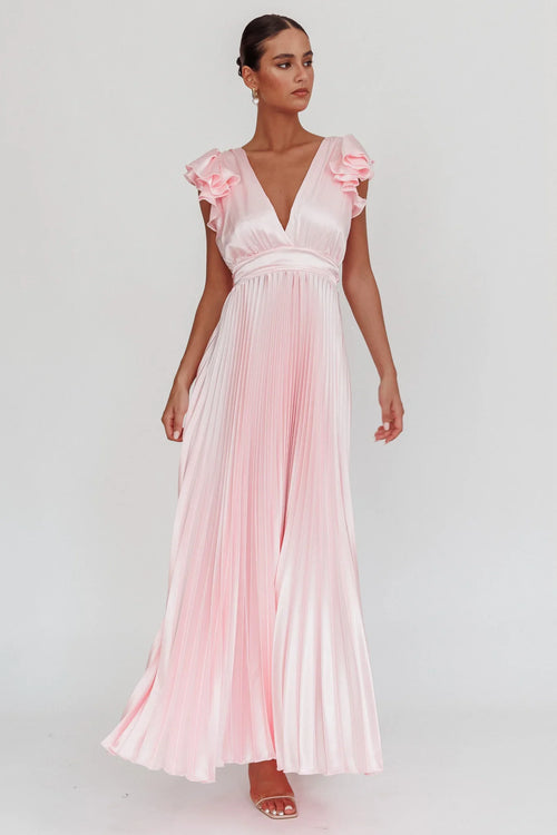 Enchantment Ruffle Sleeve Pleat Maxi Dress Pink