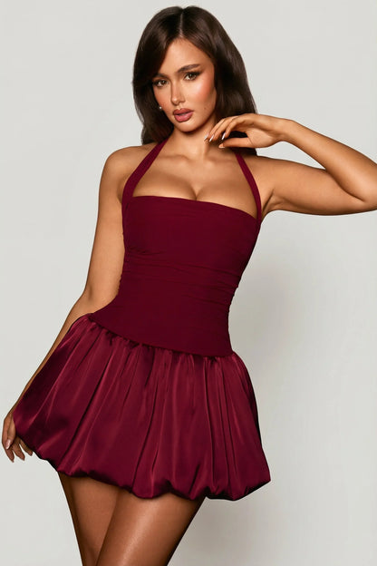 Halterneck Lace-Up Bubble Hem Corset Micro Mini Dress in Berry Red