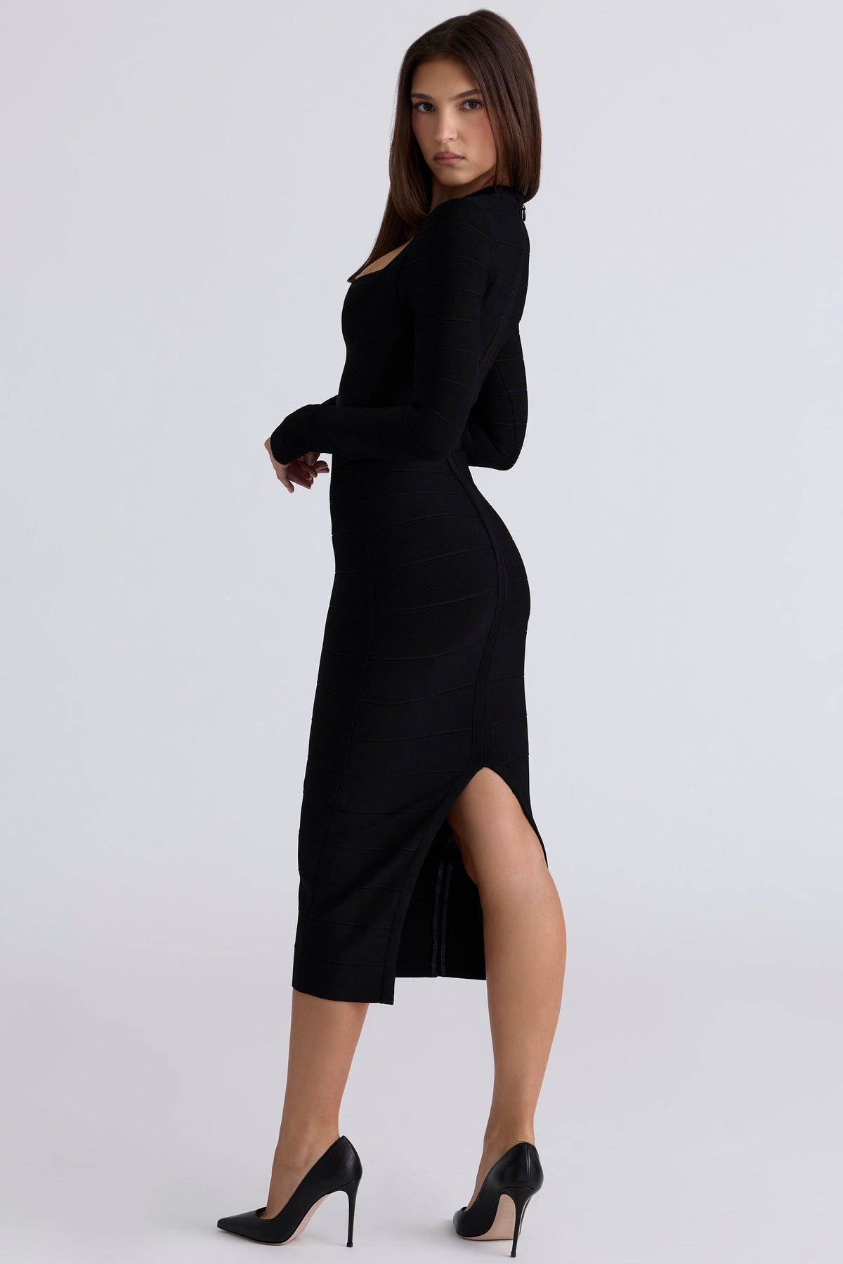 black long sleeve bandage midi dress