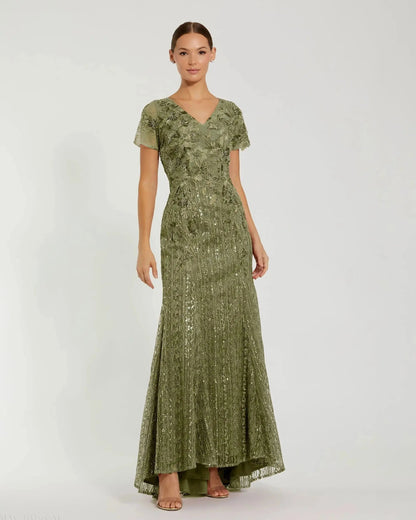 Green Embellished V Neck Cap Sleeve Trumpet Gown