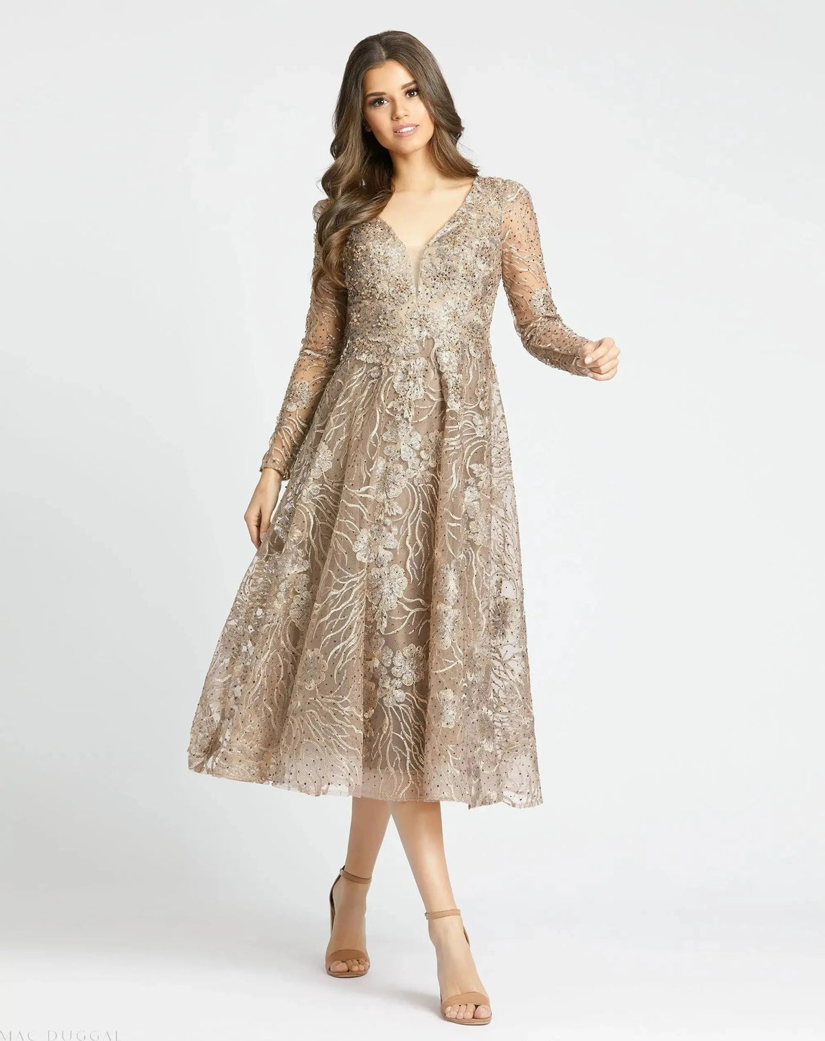 Embellished Plunge Neck Illusion Long Sleeve Midi