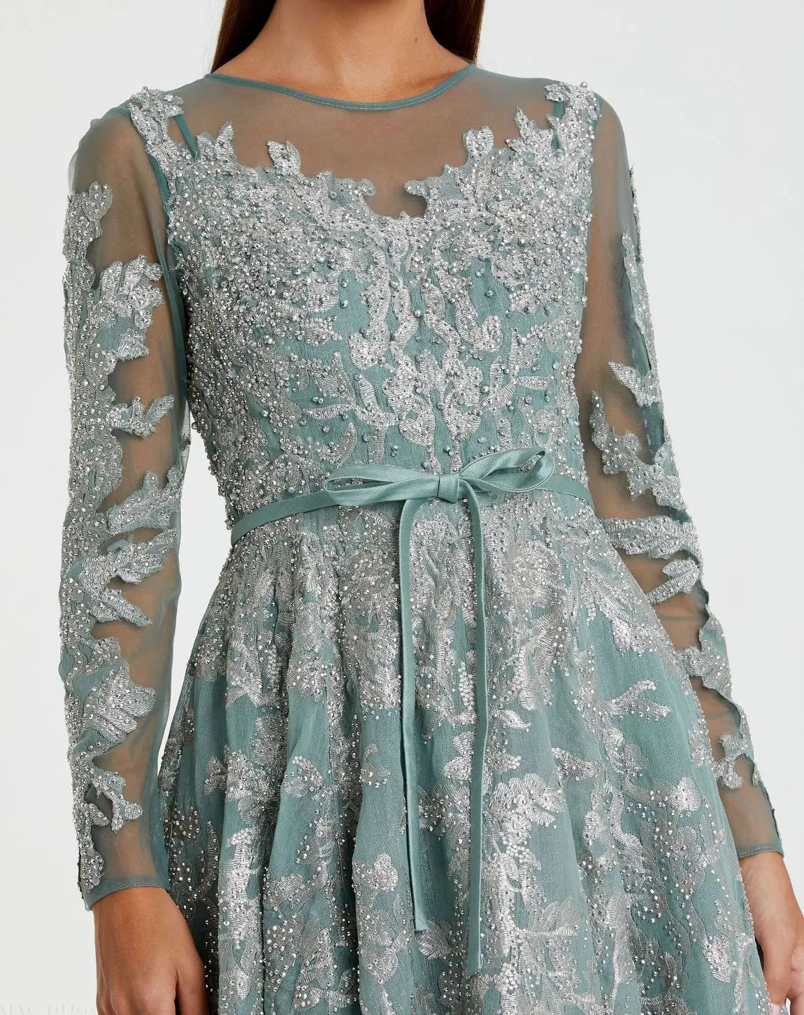 Green Embellished Bow Belt Illusion Long Sleeve A Line Dress