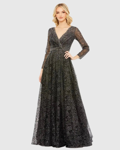 Gray Embellished Illusion Long Sleeve V Neck Gown