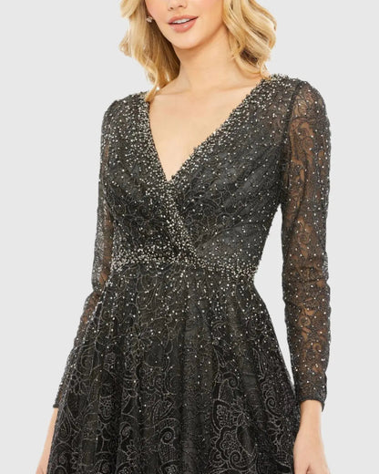 Gray Embellished Illusion Long Sleeve V Neck Gown