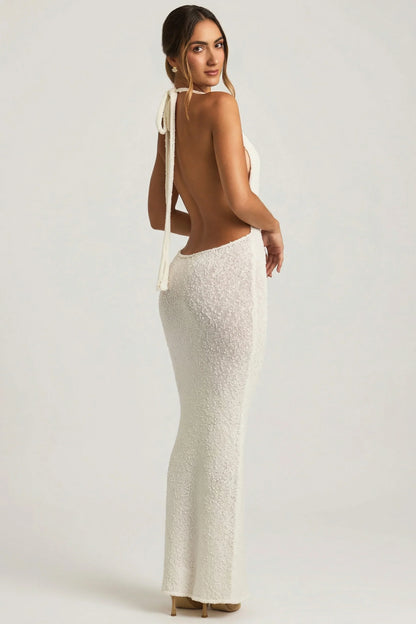 Bouclé Halterneck Maxi Dress in White