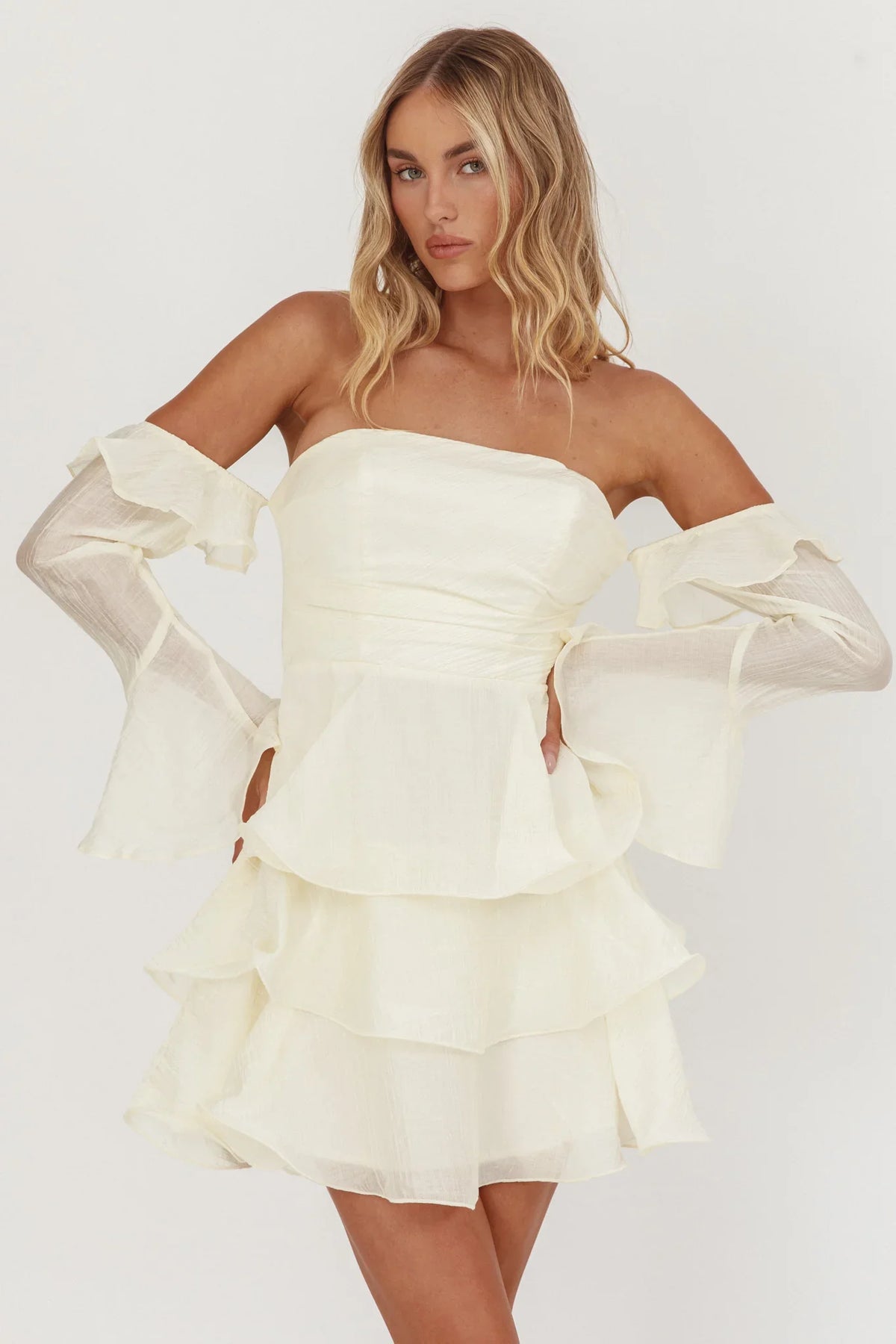 Giavana Off-Shoulder Layered Mini Dress Cream