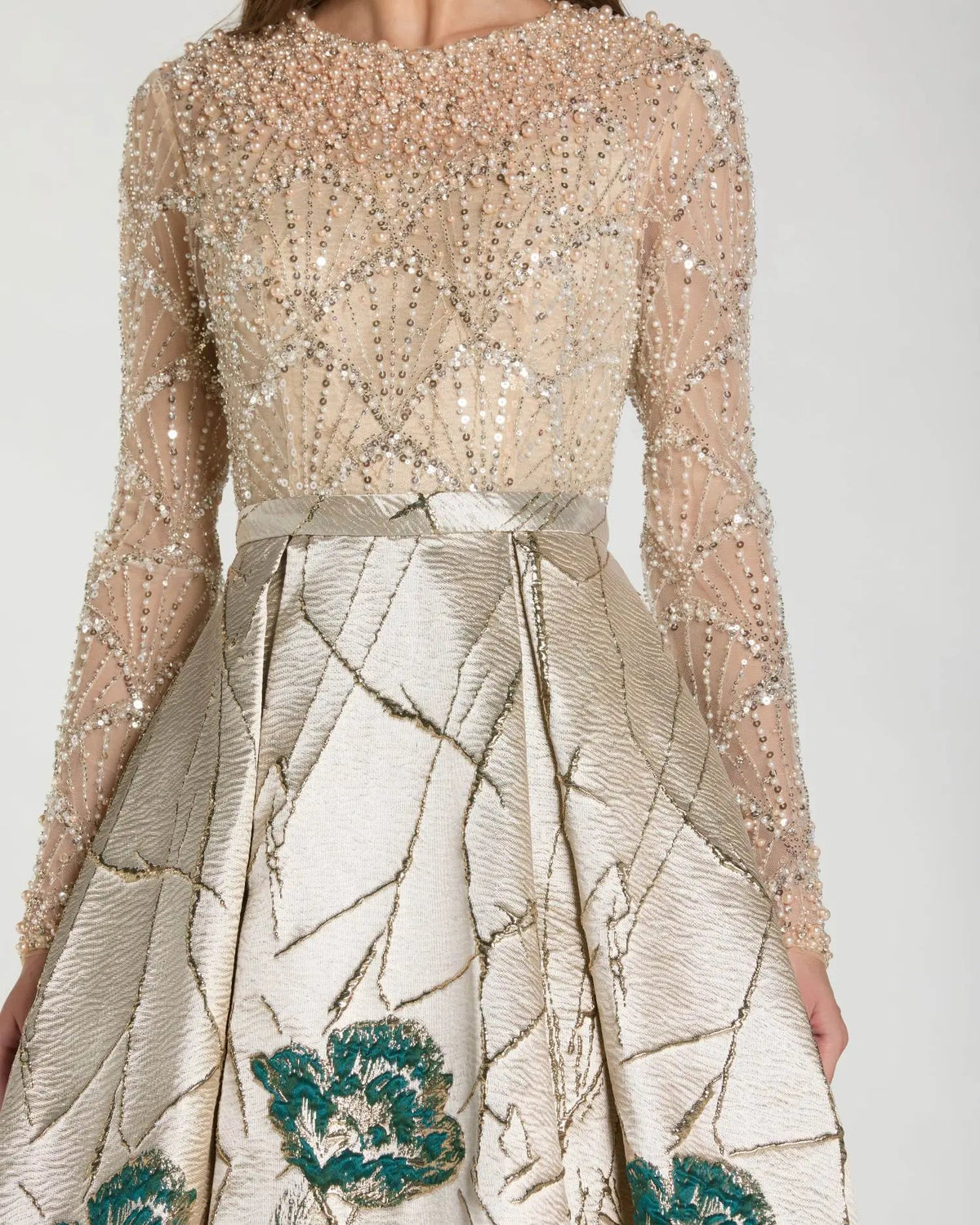 Gold Long Sleeve Embellished Floral Brocade Ball Gown