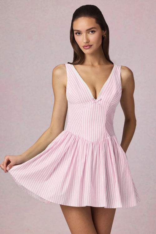 Bow-Detail A-Line Mini Dress in Soft Mauve Stripe