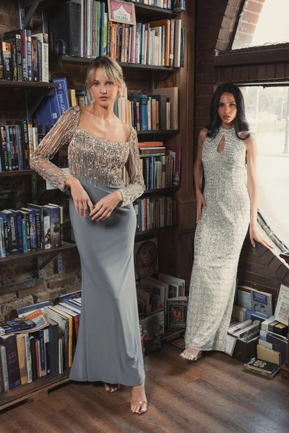 Gray Beaded Square Neck Long Sleeve Jersey Gown