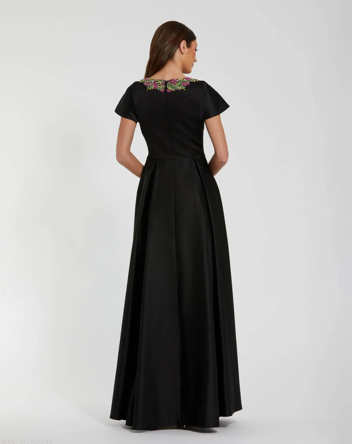 Black Satin Flutter Sleeve Gown With Neckline Beading