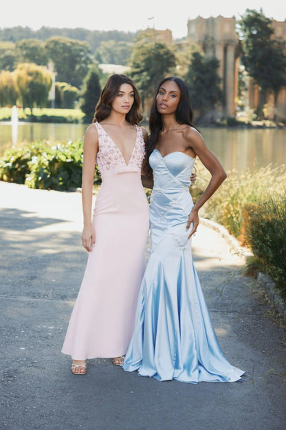 Blue Strapless Satin Trumpet Gown With Bow Details