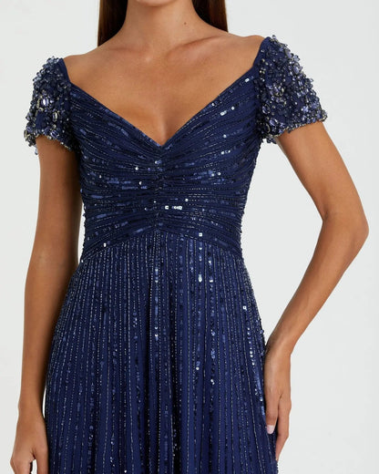 Navy Sequined Evening Gown With Embellished Shoulders