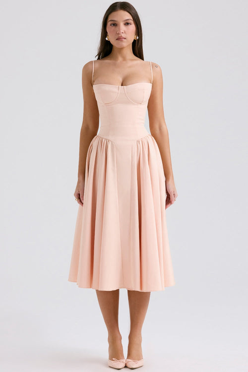 peach parfait twill corset midi dress