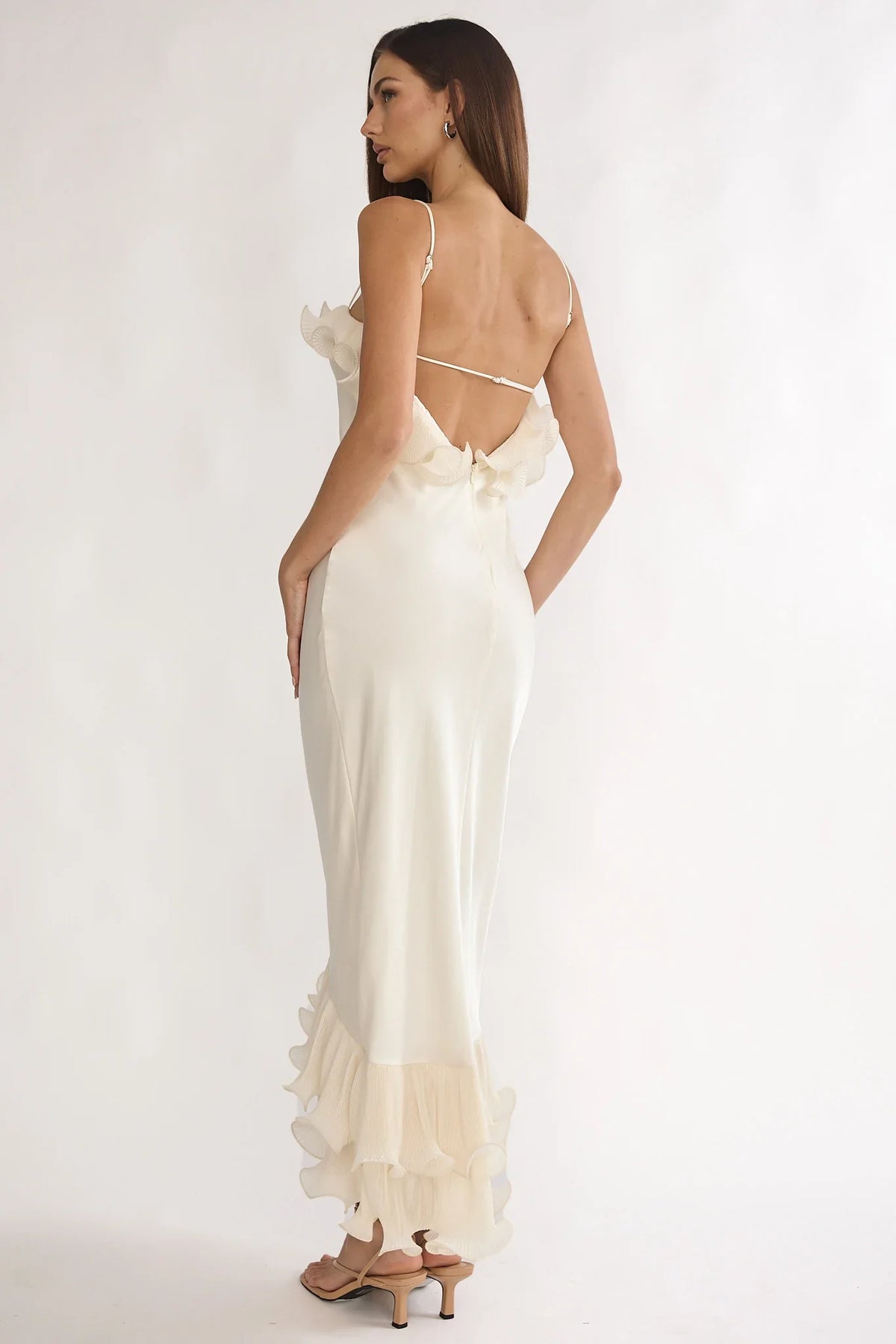Okay, Cupid Low Back Ruffle Trim Maxi Dress Oyster