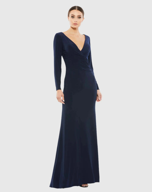 Navy Long Sleeve Ruched Jersey V-Neck Gown