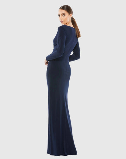 Navy Long Sleeve Ruched Jersey V-Neck Gown