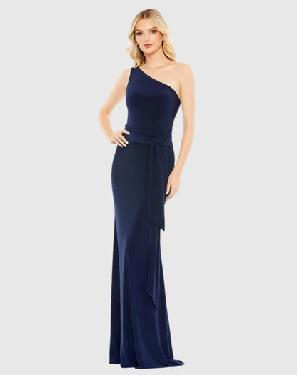 Navy Jersey One Shoulder Belted Trumpet Gown