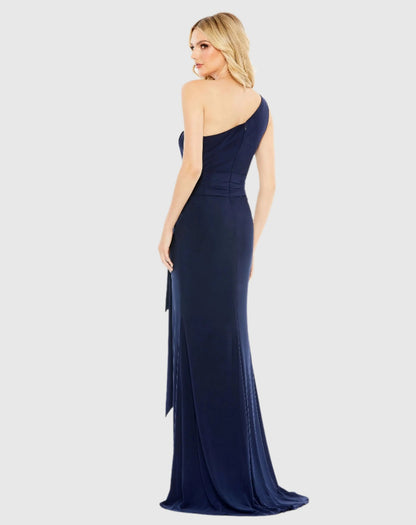 Navy Jersey One Shoulder Belted Trumpet Gown