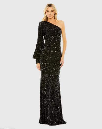Black Sequined One Shoulder Bishop Sleeve Trumpet Gown