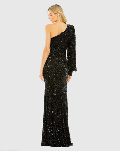 Black Sequined One Shoulder Bishop Sleeve Trumpet Gown