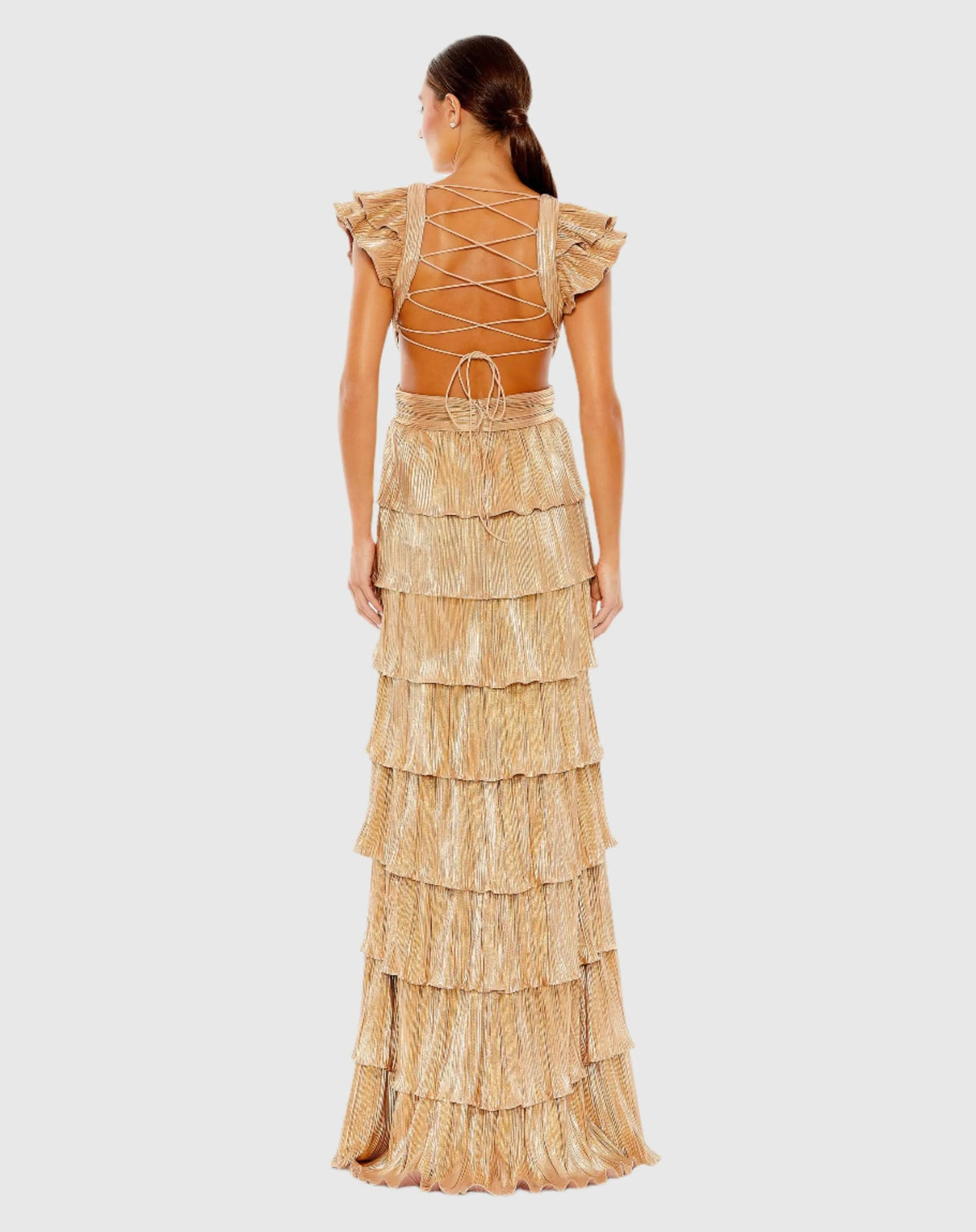 Gold Ruffle Tiered Criss Cross Lace Up Gown
