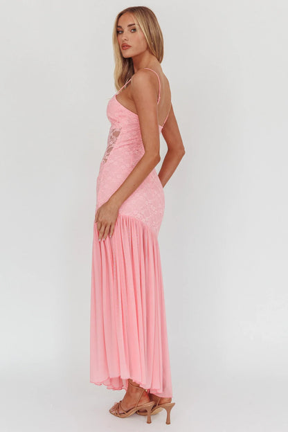 Kinley Sheer Hem Lace Maxi Dress Pink