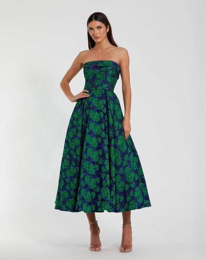 Blue and Green Brocade Strapless A Line Midi Dress
