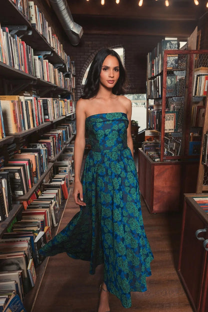 Blue and Green Brocade Strapless A Line Midi Dress