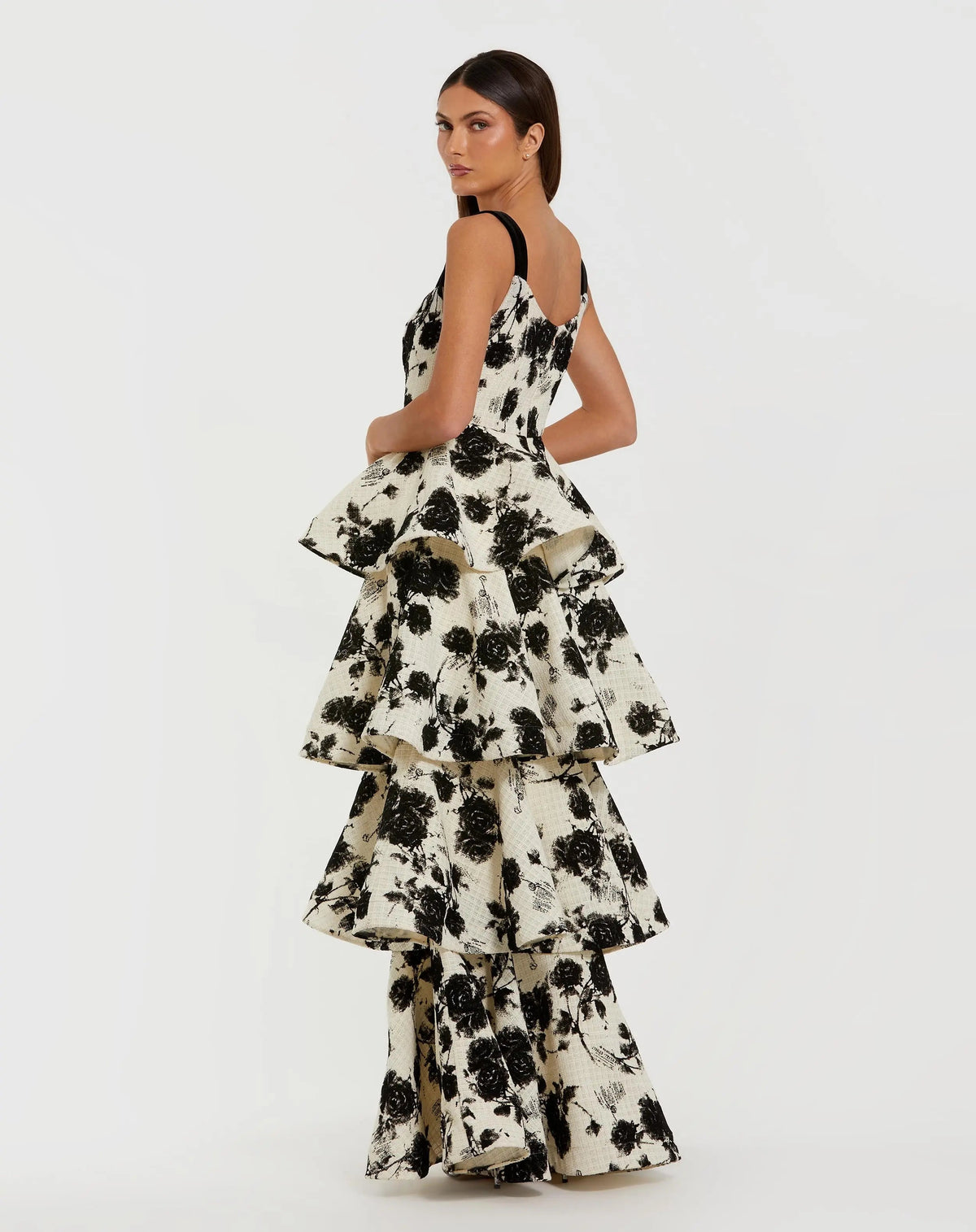 Black and White Floral Boucle Tiered Ruffle Gown