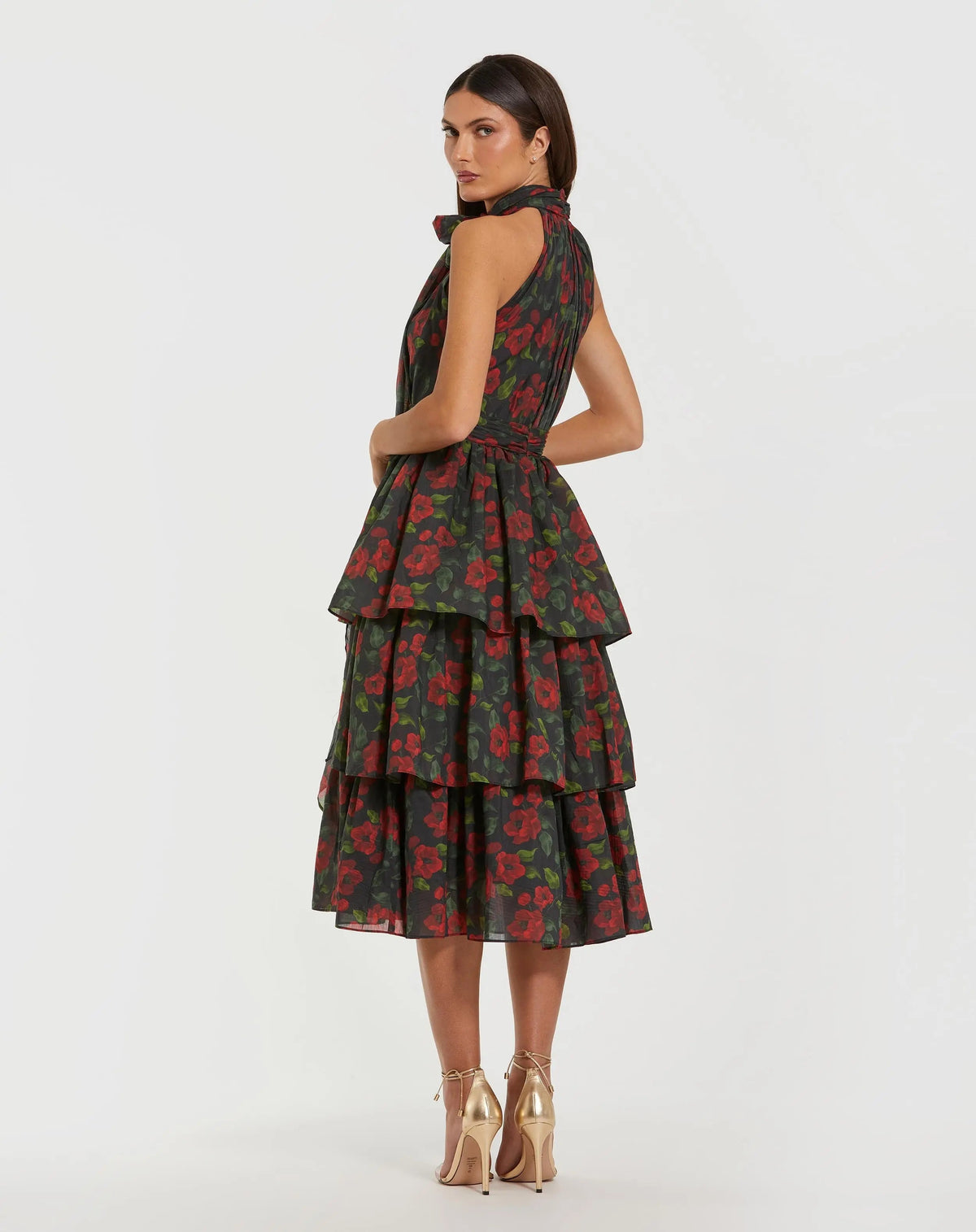 Black Floral Chiffon Tiered Midi Dress with Neck Bow
