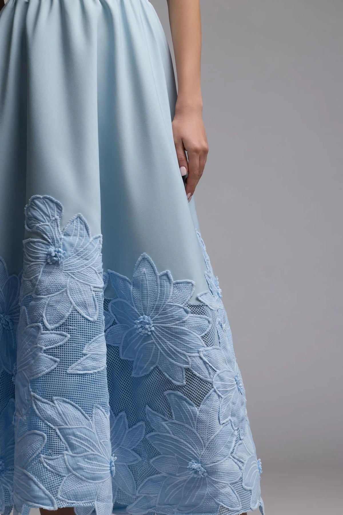 Blue Strapless Floral Appliqué Midi Dress
