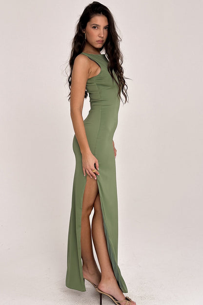 olive boat neck maxi dress