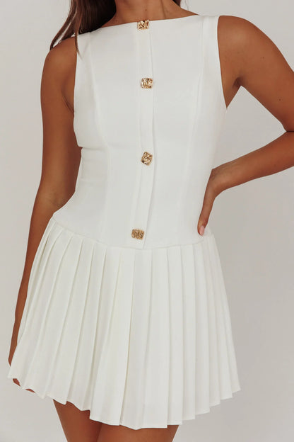 Opulent Pleat Skirt Button Mini Dress White