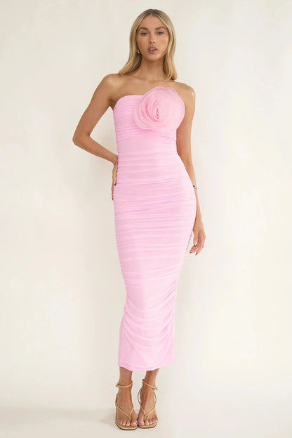 She Just Knows Ruched Flower Bust Maxi Dress Pink