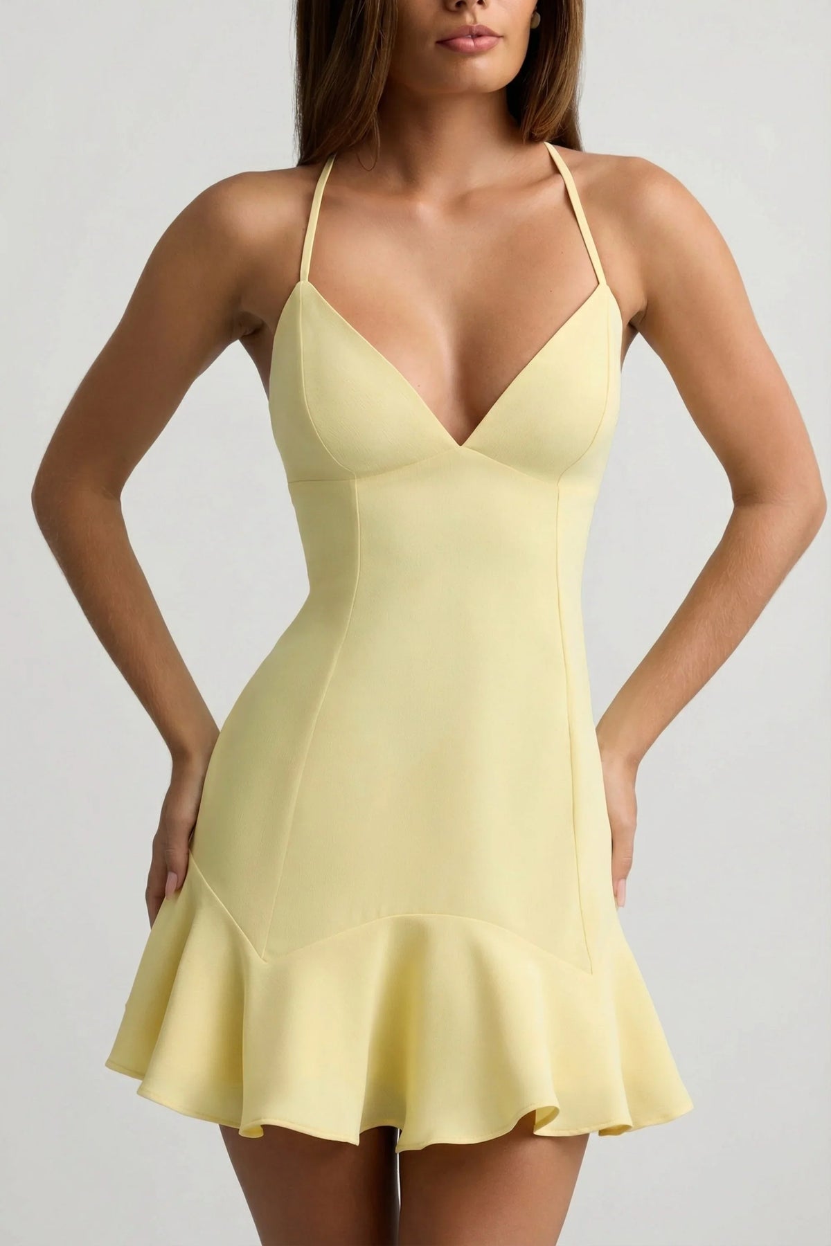 Drop-Waist Lace-Up Mini Dress in Yellow
