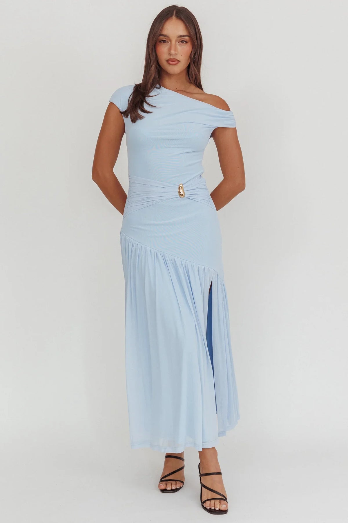 Azure Sun Asymmetric Neckline Split Maxi Dress Blue