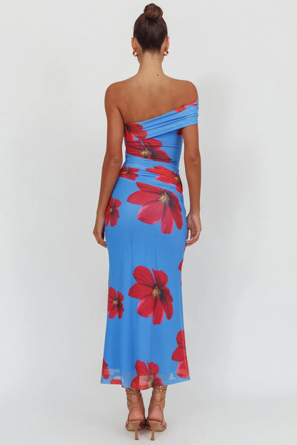Gala One-Shoulder Maxi Dress Floral Blue