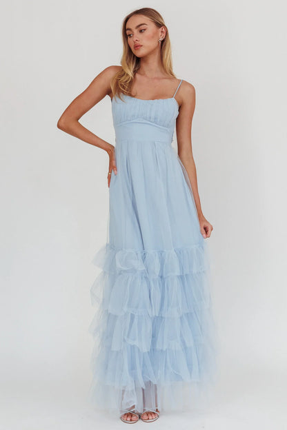 Nerida Twist Back Frill Trim Mesh Maxi Dress Steel Blue