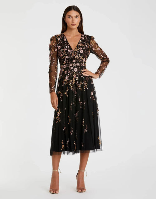 Black Multicolor Floral Embroidered A-Line Cocktail Dress