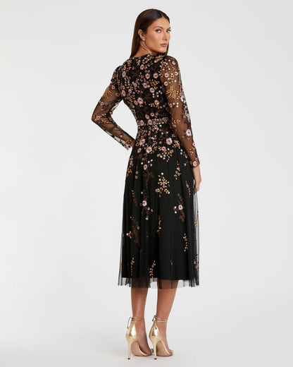 Black Multicolor Floral Embroidered A-Line Cocktail Dress