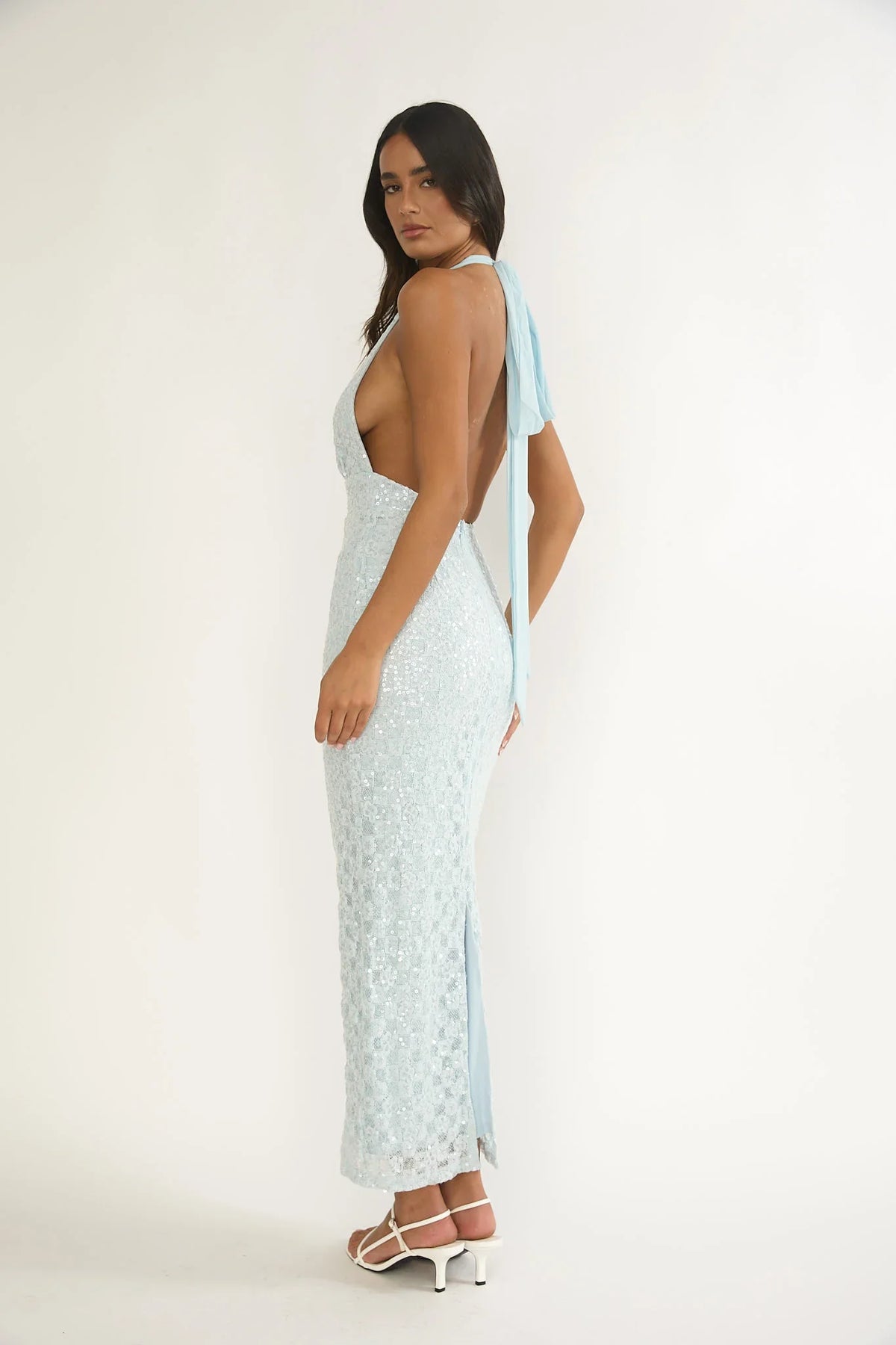 Cipriana Backless Halter Maxi Dress Sequin Blue