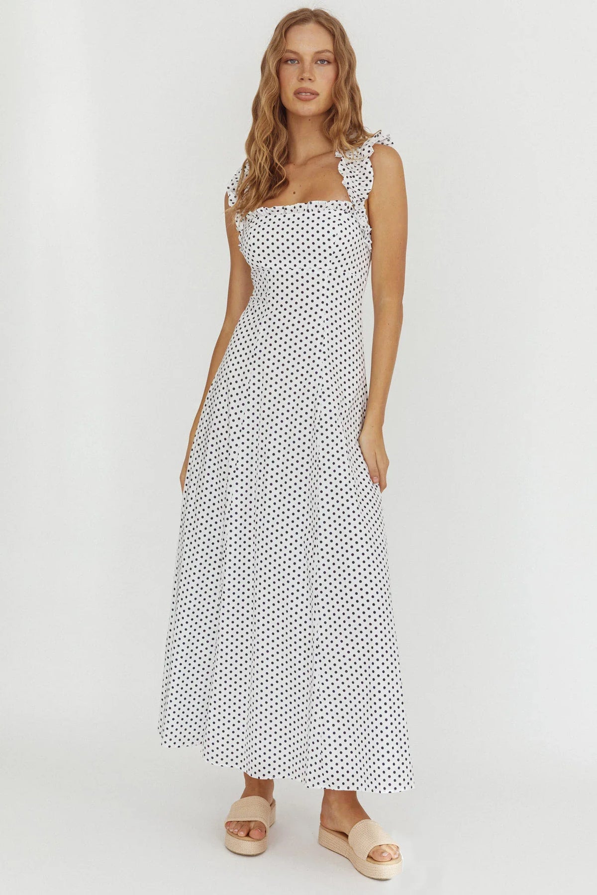 Warrior Sun Frill Strap Maxi Dress Navy Spot