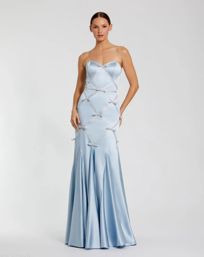 Blue Strapless Satin Trumpet Gown With Bow Details