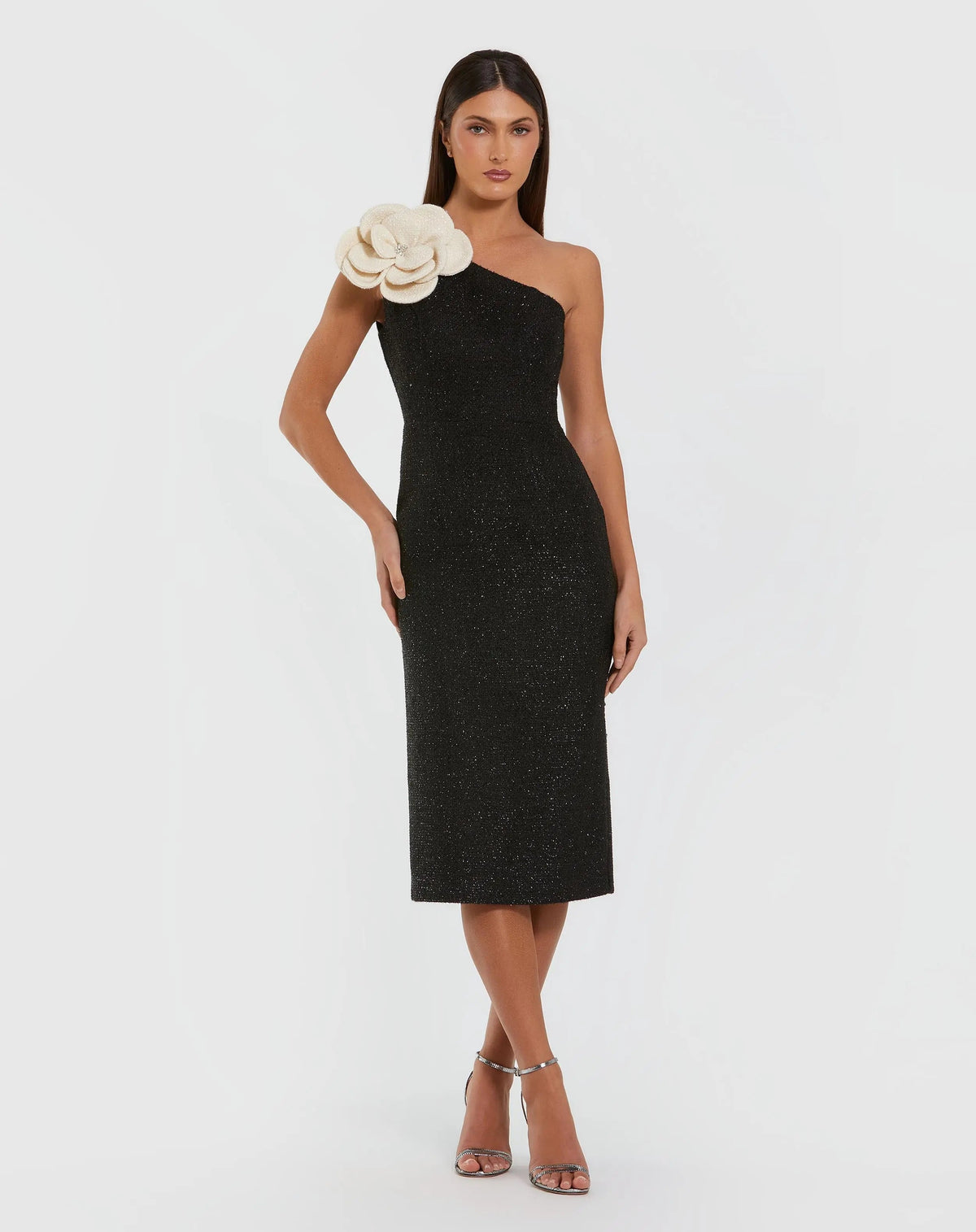 Black One Shoulder Boucle Midi Dress With 3D Flower